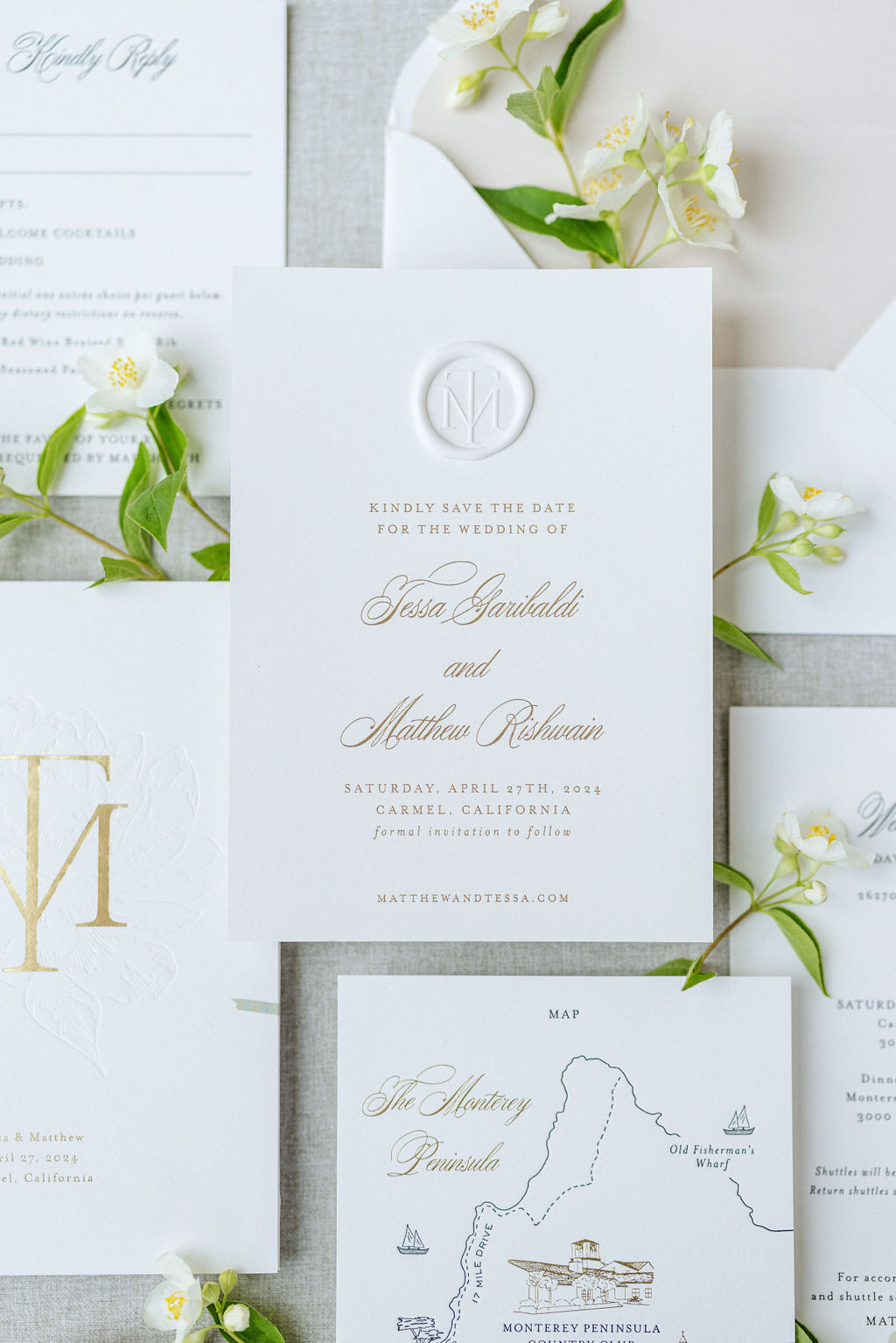 Classic Wedding Invitation with gold foil and wax seal